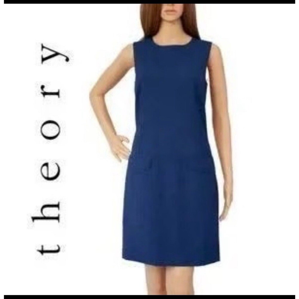 Theory Zeldia Tailor Sheath Dress Blue Wool Blend Career Shift Sz 2 Short Clean